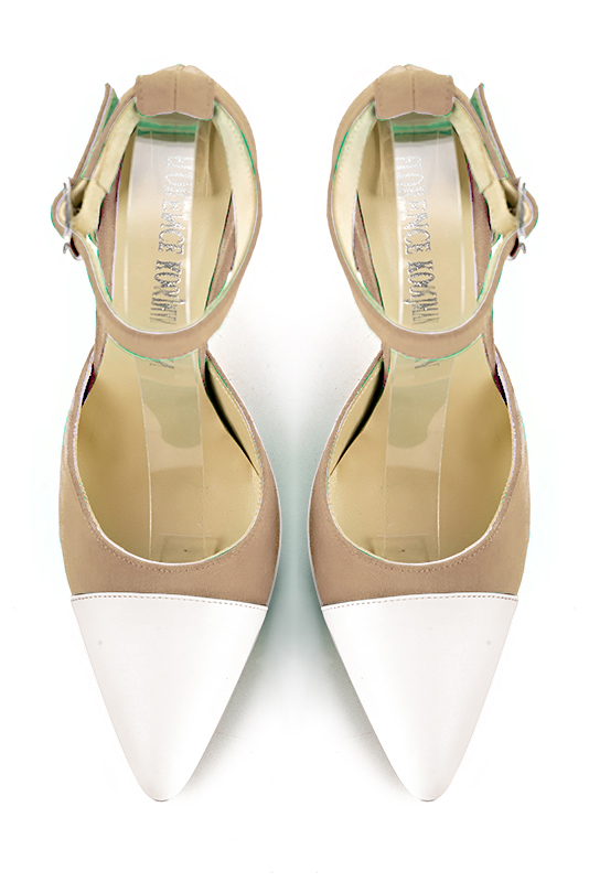 Off white and tan beige women's open side shoes, with a strap around the ankle. Tapered toe. Very high spool heels. Top view - Florence KOOIJMAN